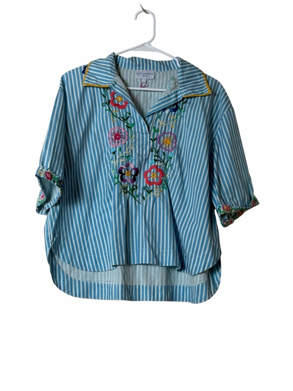 Mi Golondrina Blue White Stripe Embroidered Floral Tunic Top Small Boho - Picture 2 of 6